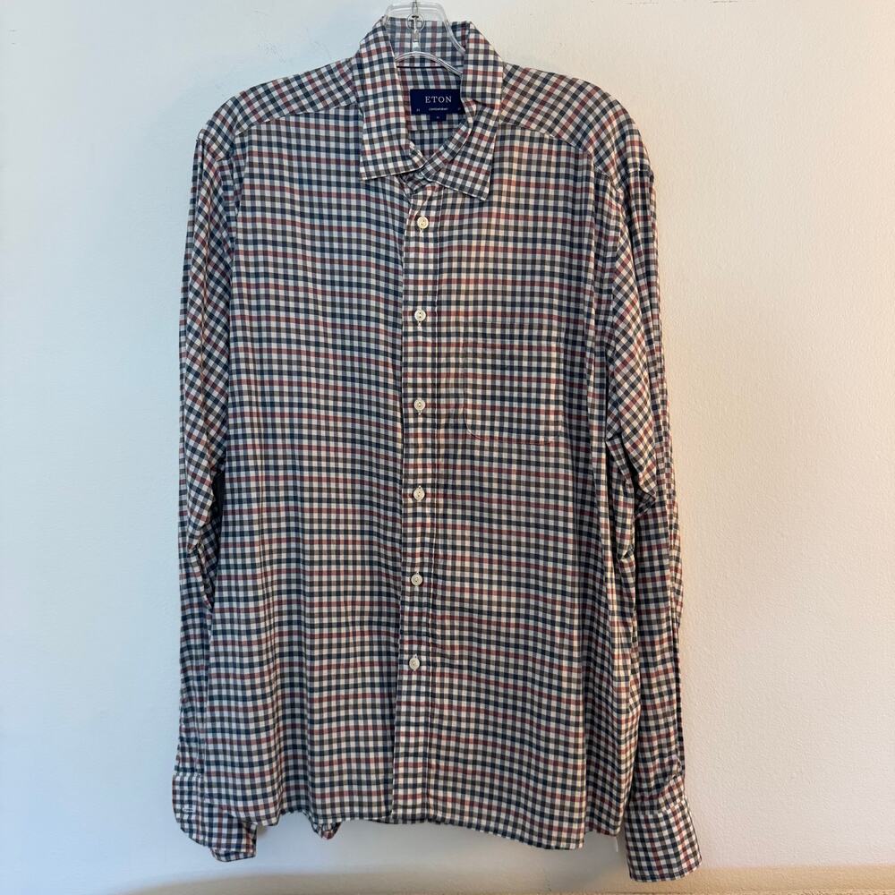 Eton Men’s Check Plaid 100% Cotton Button Up Dress Shirt 43 17 XL Quiet Luxury